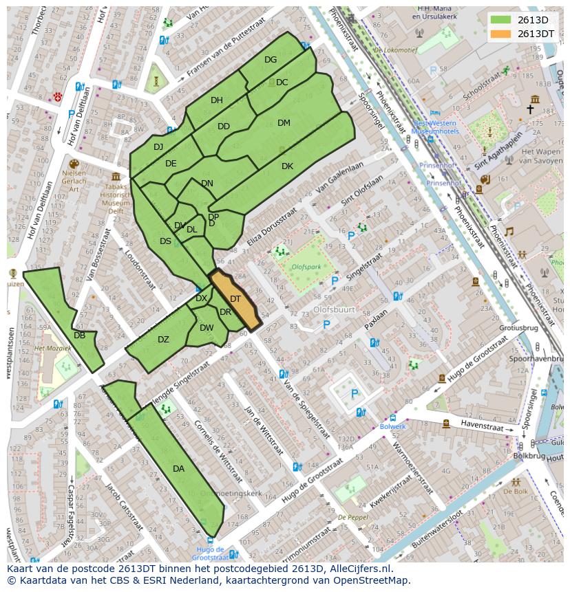 Afbeelding van het postcodegebied 2613 DT op de kaart.