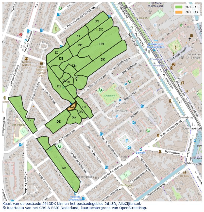 Afbeelding van het postcodegebied 2613 DX op de kaart.