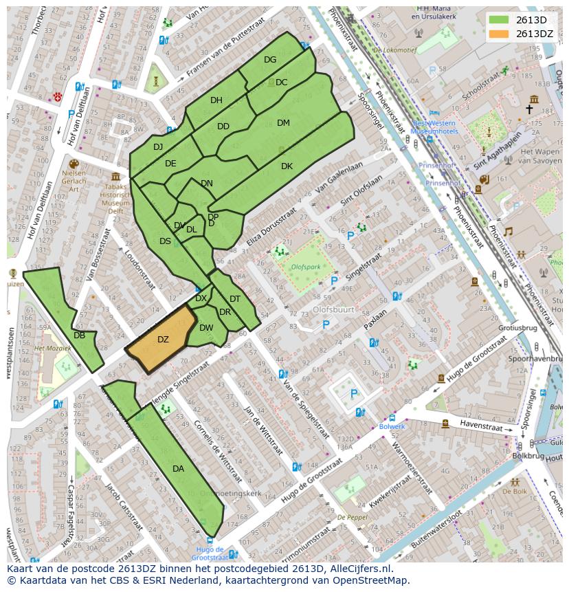 Afbeelding van het postcodegebied 2613 DZ op de kaart.