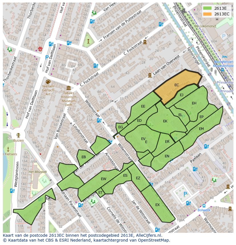 Afbeelding van het postcodegebied 2613 EC op de kaart.