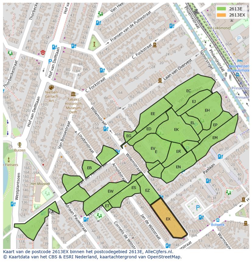 Afbeelding van het postcodegebied 2613 EX op de kaart.