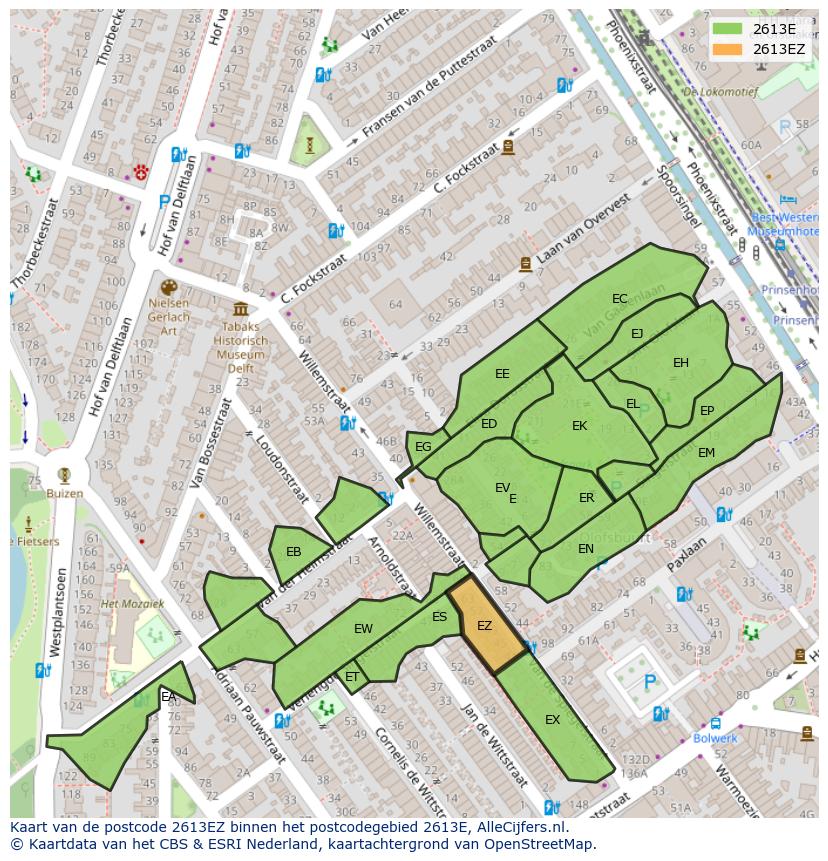 Afbeelding van het postcodegebied 2613 EZ op de kaart.