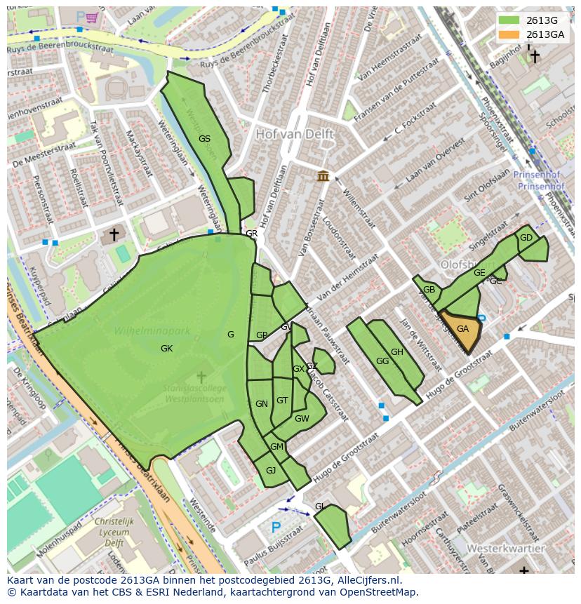 Afbeelding van het postcodegebied 2613 GA op de kaart.
