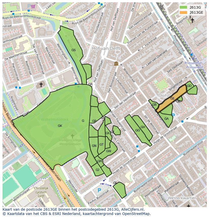 Afbeelding van het postcodegebied 2613 GE op de kaart.