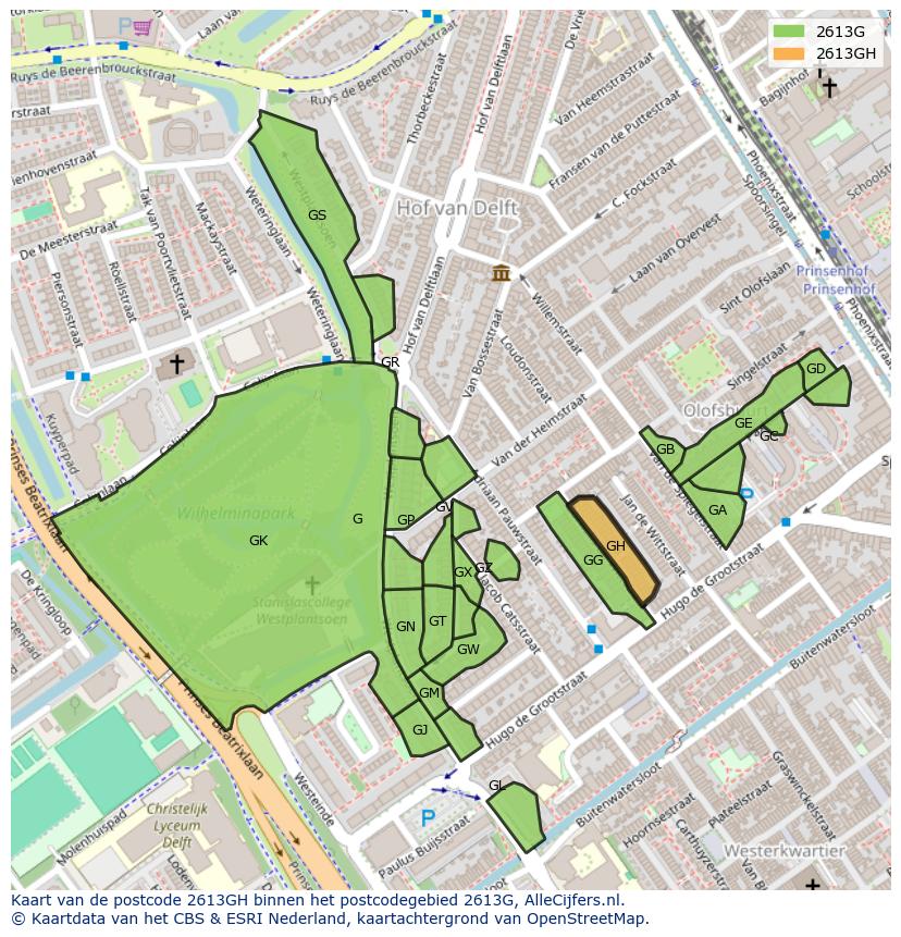 Afbeelding van het postcodegebied 2613 GH op de kaart.