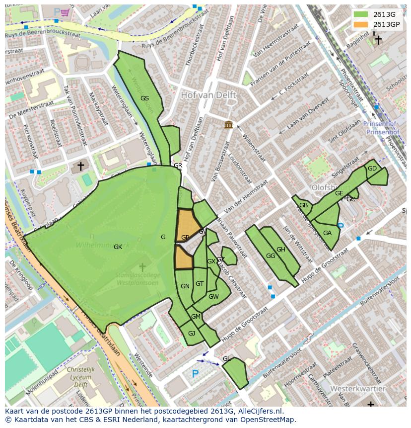 Afbeelding van het postcodegebied 2613 GP op de kaart.