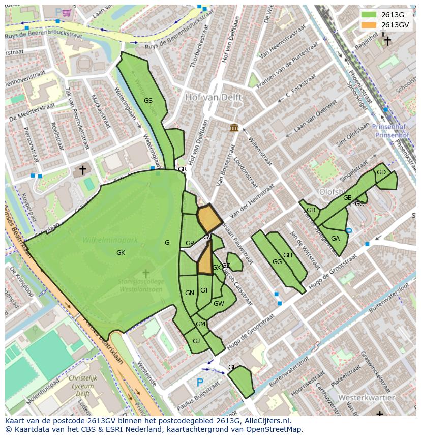 Afbeelding van het postcodegebied 2613 GV op de kaart.