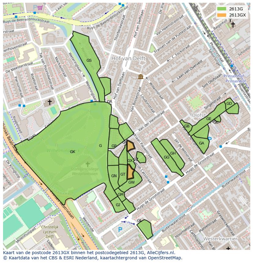 Afbeelding van het postcodegebied 2613 GX op de kaart.