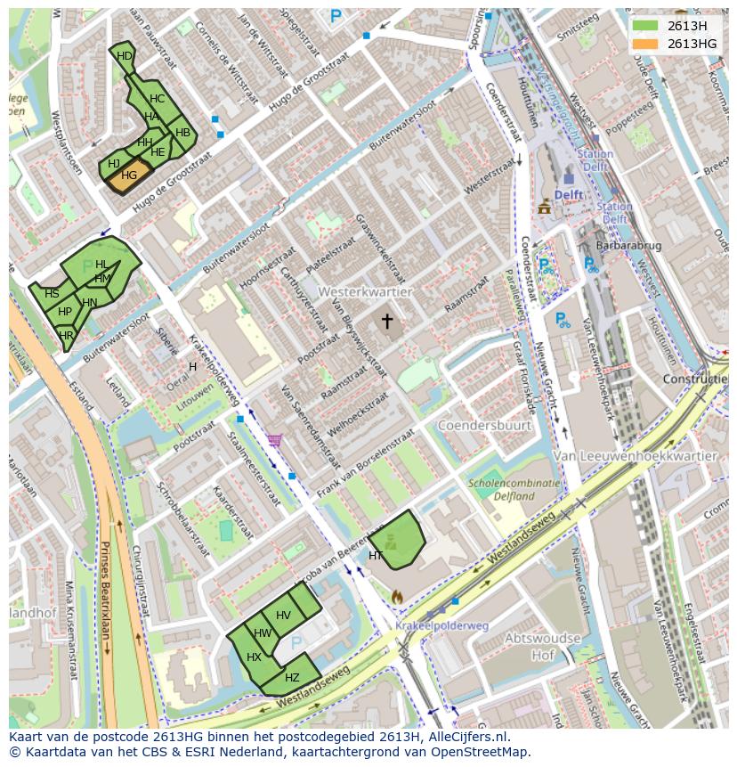 Afbeelding van het postcodegebied 2613 HG op de kaart.