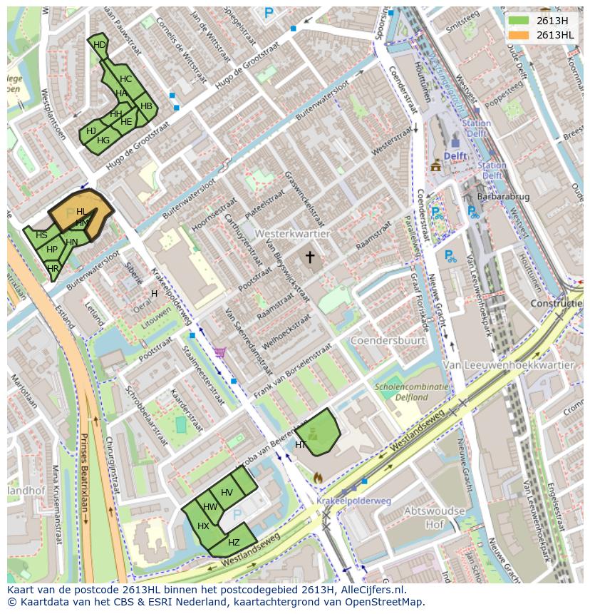 Afbeelding van het postcodegebied 2613 HL op de kaart.