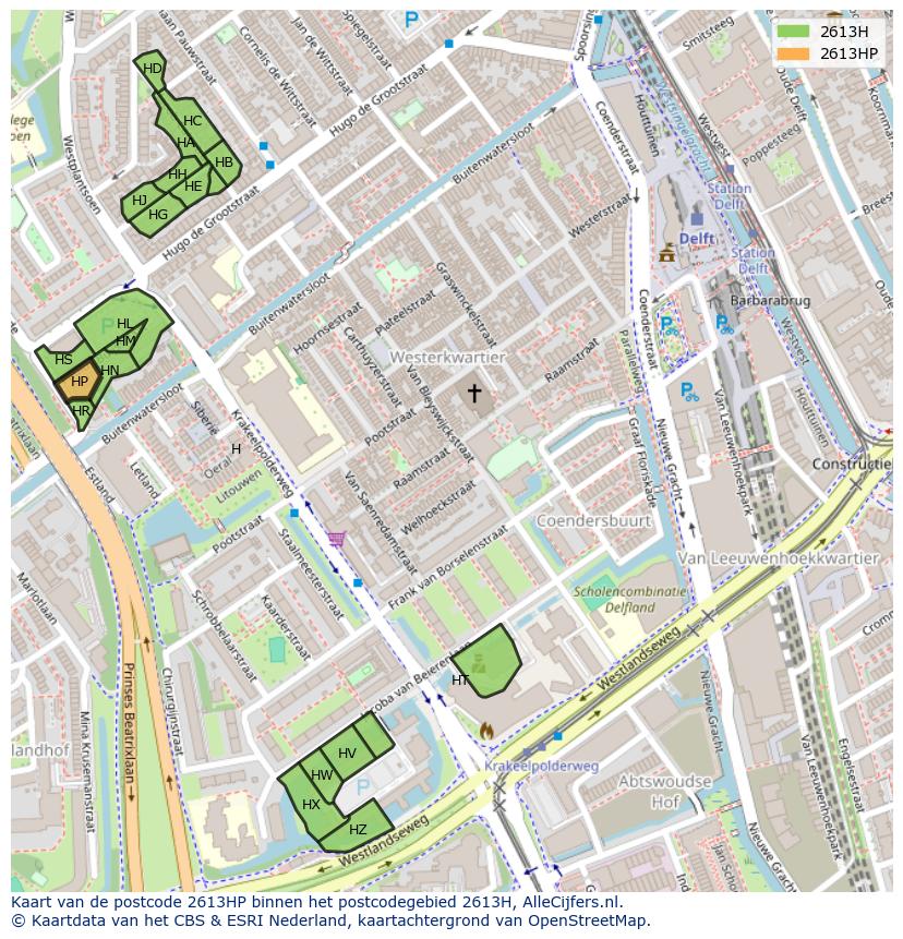 Afbeelding van het postcodegebied 2613 HP op de kaart.
