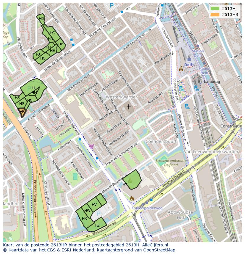 Afbeelding van het postcodegebied 2613 HR op de kaart.