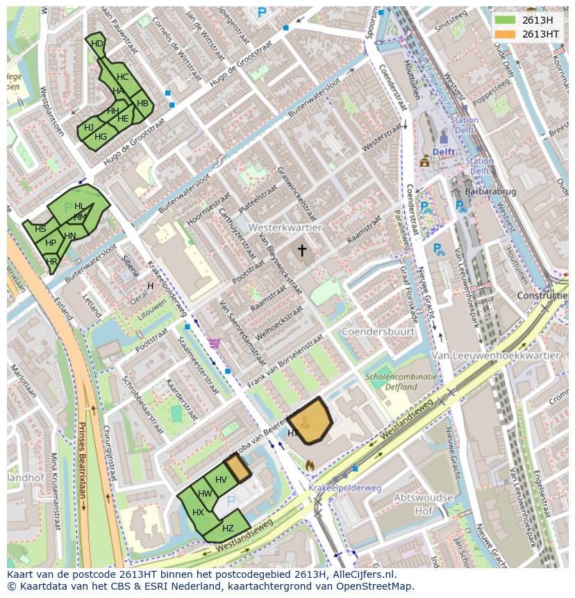 Afbeelding van het postcodegebied 2613 HT op de kaart.