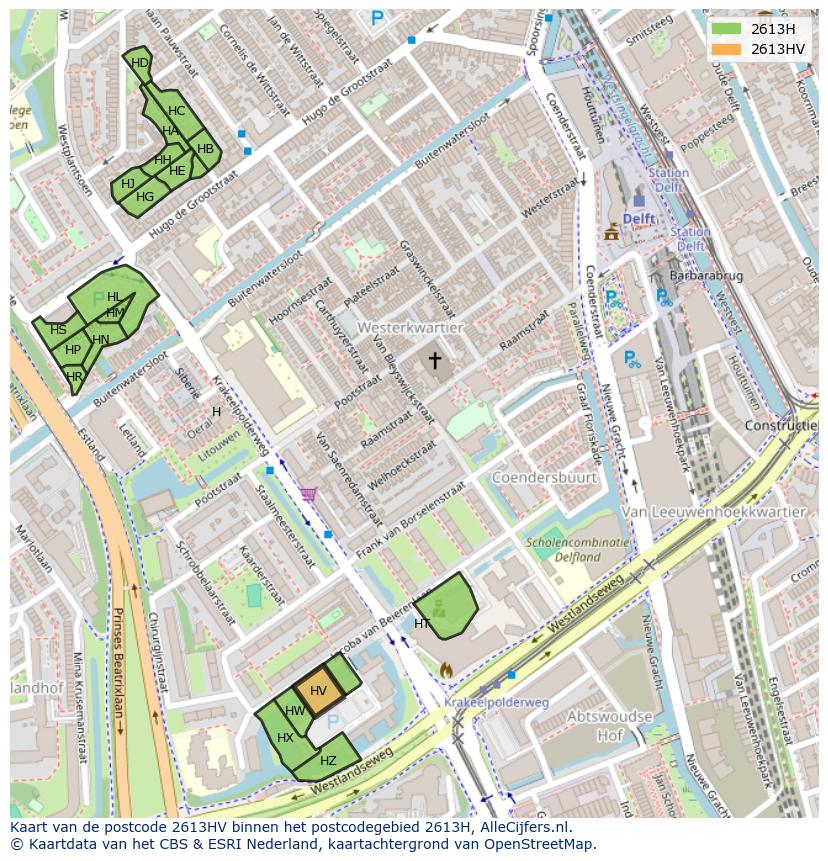 Afbeelding van het postcodegebied 2613 HV op de kaart.