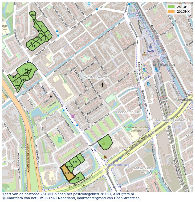 Afbeelding van het postcodegebied 2613 HX op de kaart.