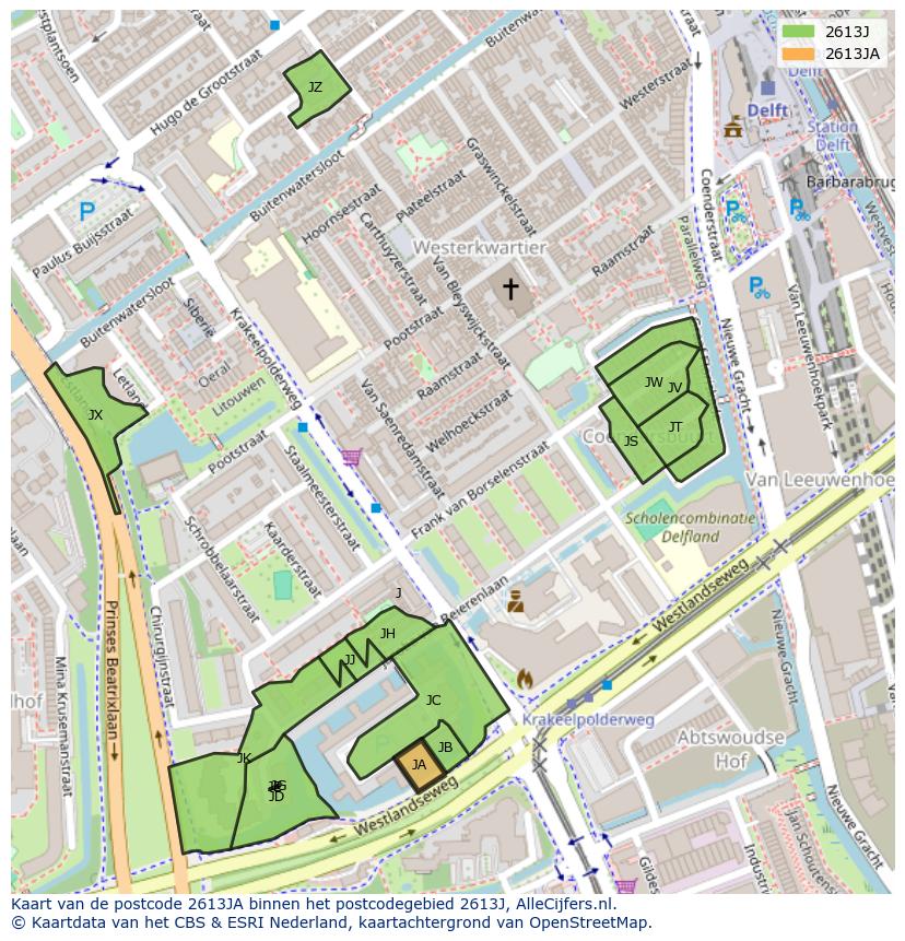 Afbeelding van het postcodegebied 2613 JA op de kaart.