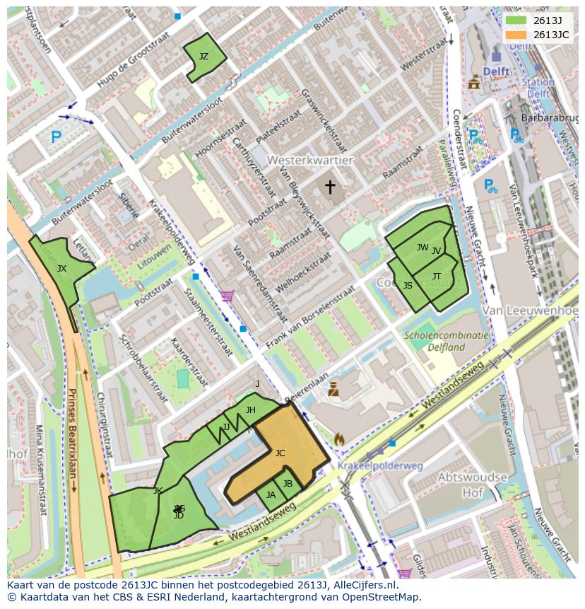 Afbeelding van het postcodegebied 2613 JC op de kaart.