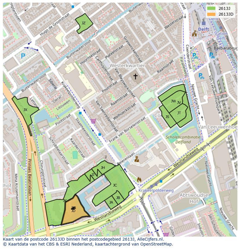 Afbeelding van het postcodegebied 2613 JD op de kaart.