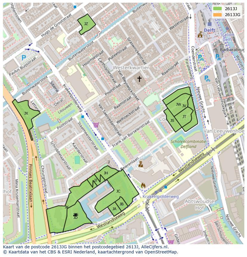 Afbeelding van het postcodegebied 2613 JG op de kaart.