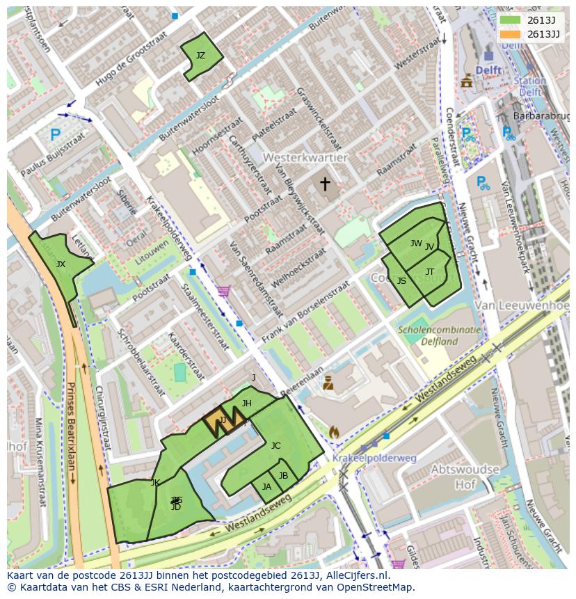 Afbeelding van het postcodegebied 2613 JJ op de kaart.