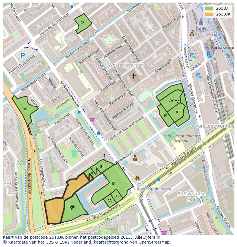 Afbeelding van het postcodegebied 2613 JK op de kaart.