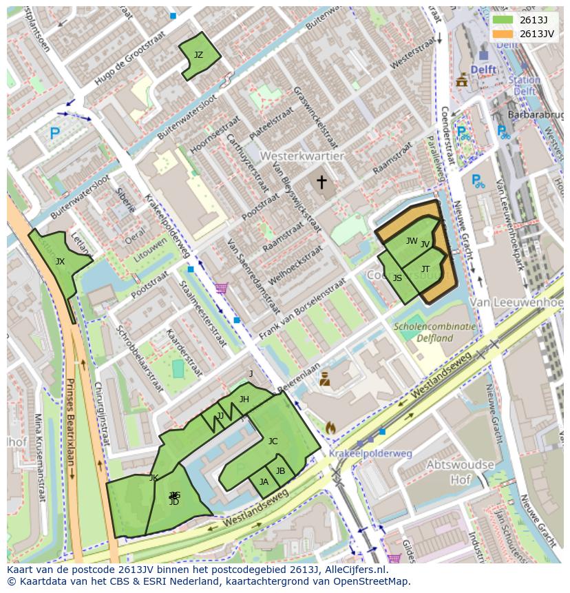 Afbeelding van het postcodegebied 2613 JV op de kaart.