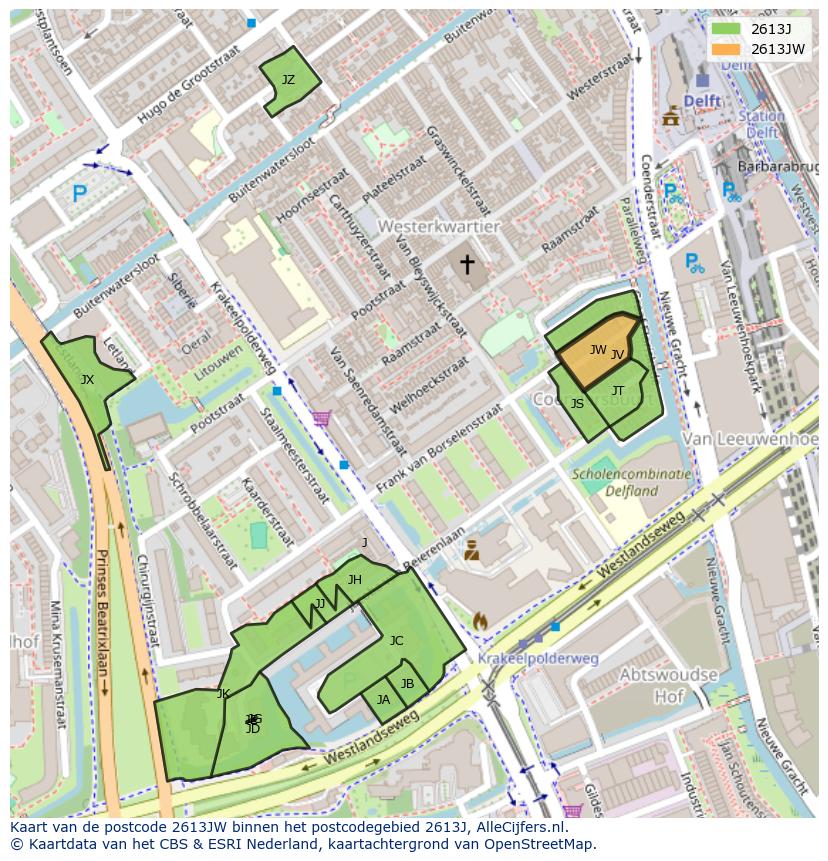 Afbeelding van het postcodegebied 2613 JW op de kaart.
