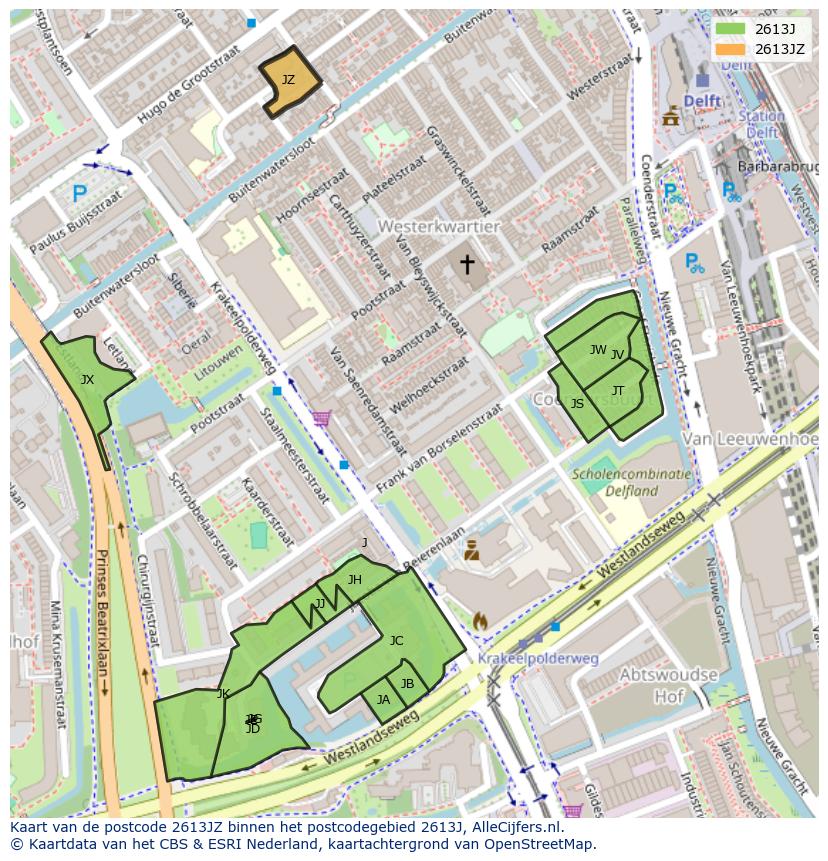 Afbeelding van het postcodegebied 2613 JZ op de kaart.