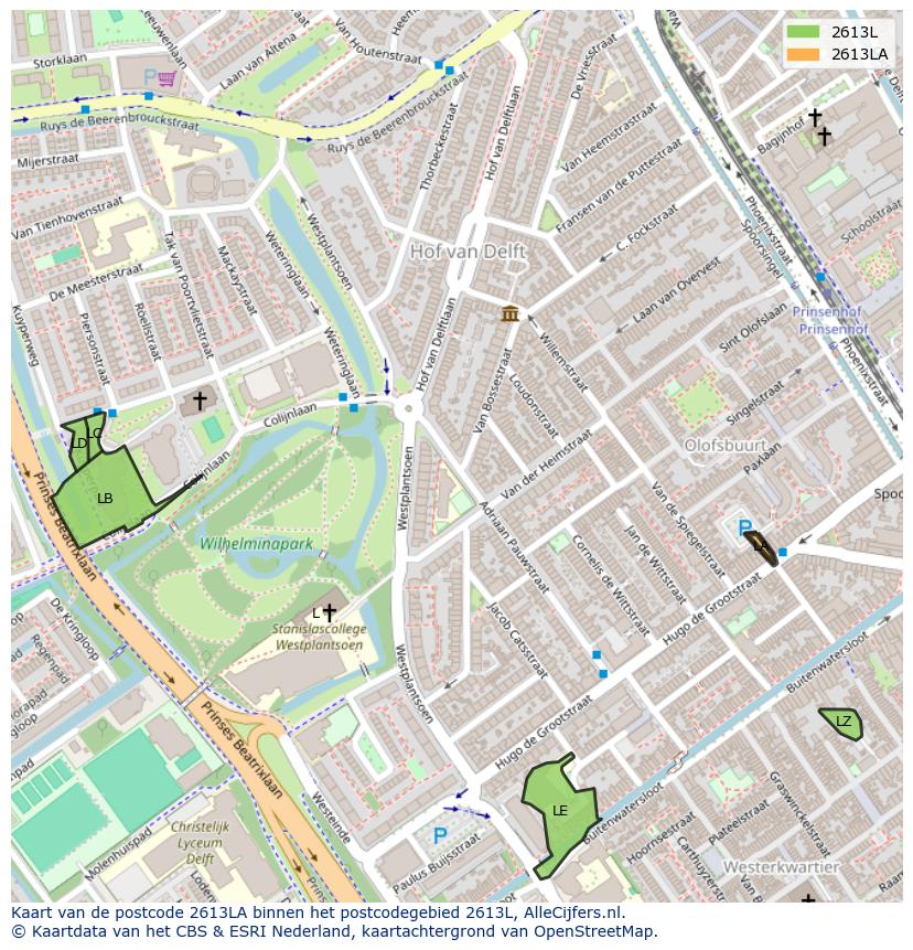 Afbeelding van het postcodegebied 2613 LA op de kaart.