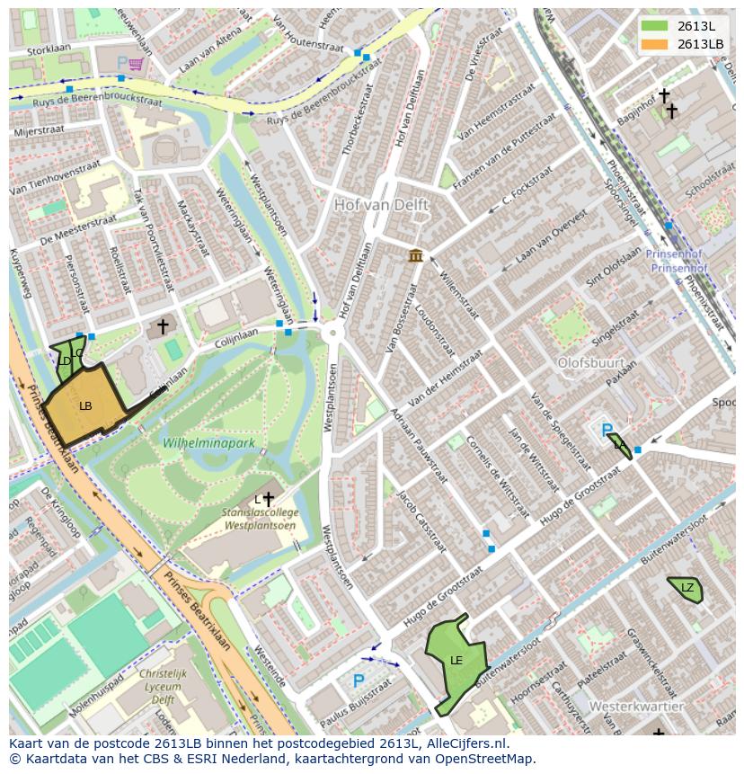 Afbeelding van het postcodegebied 2613 LB op de kaart.