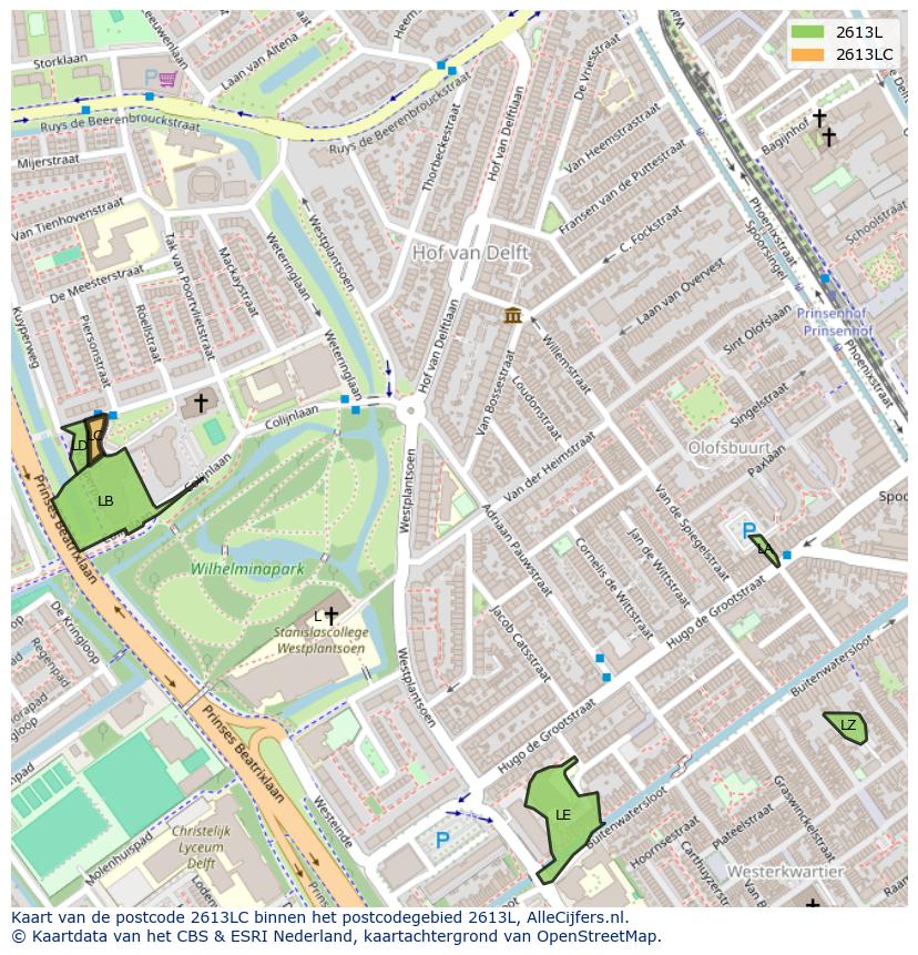 Afbeelding van het postcodegebied 2613 LC op de kaart.