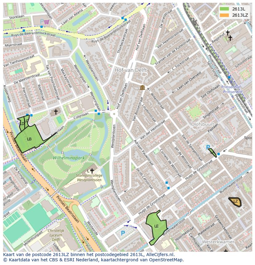 Afbeelding van het postcodegebied 2613 LZ op de kaart.