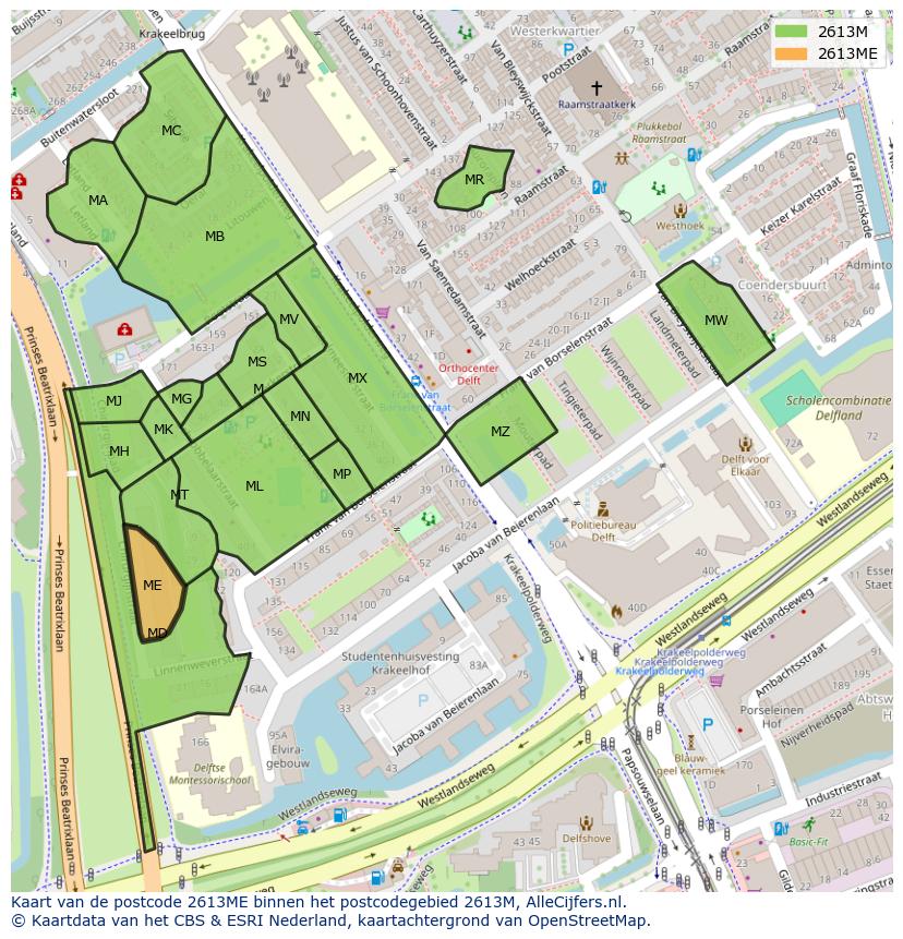 Afbeelding van het postcodegebied 2613 ME op de kaart.