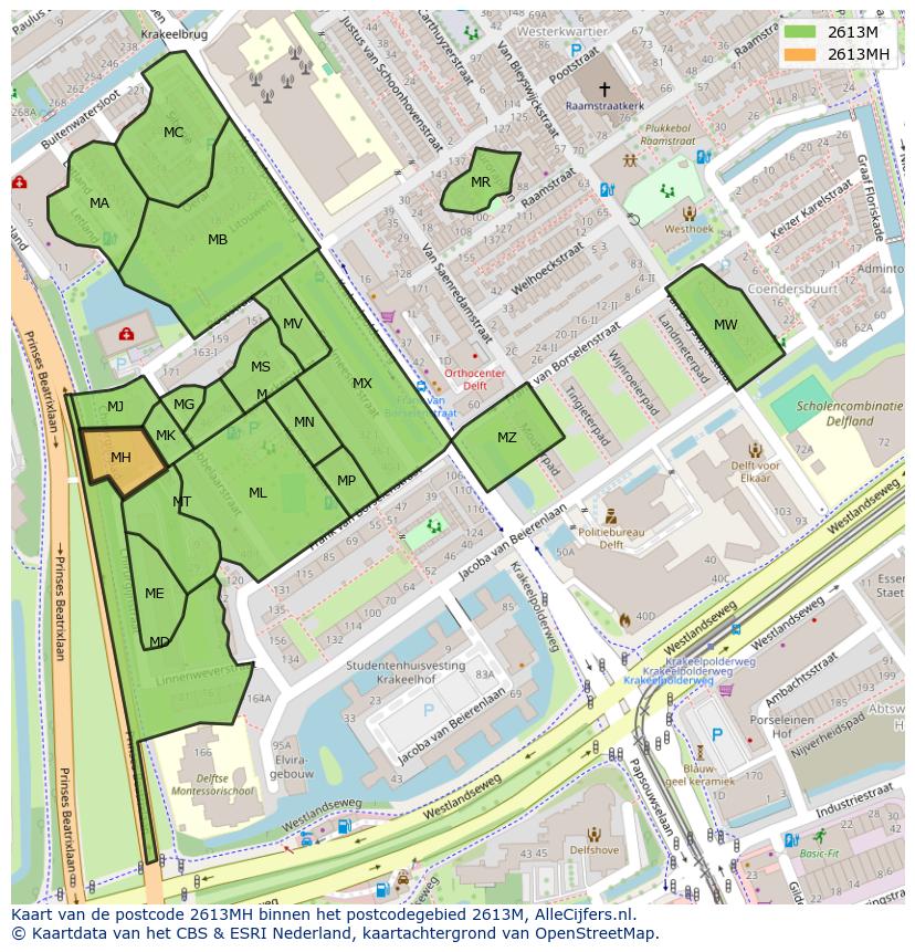 Afbeelding van het postcodegebied 2613 MH op de kaart.