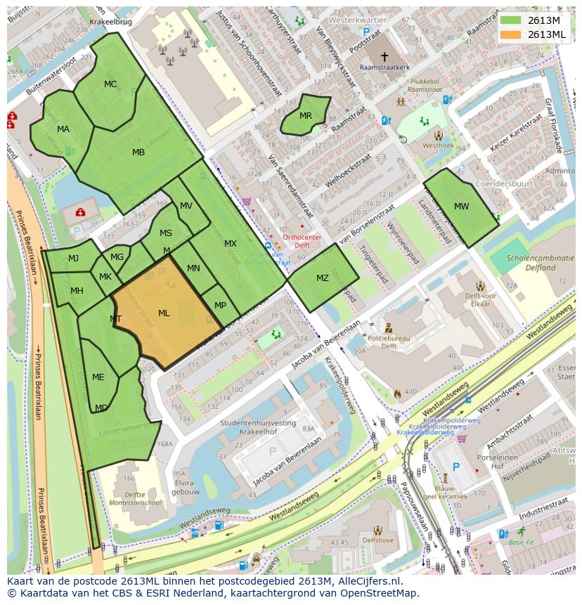 Afbeelding van het postcodegebied 2613 ML op de kaart.
