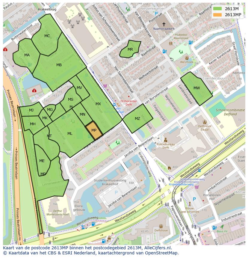 Afbeelding van het postcodegebied 2613 MP op de kaart.