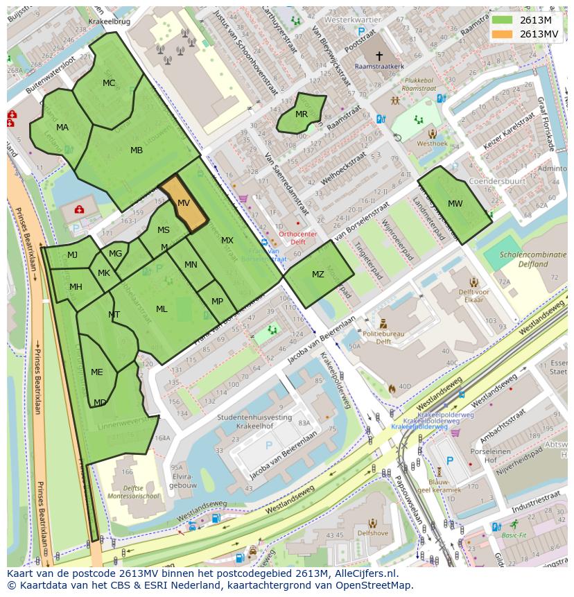 Afbeelding van het postcodegebied 2613 MV op de kaart.