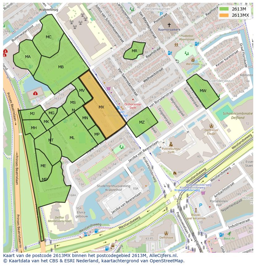 Afbeelding van het postcodegebied 2613 MX op de kaart.