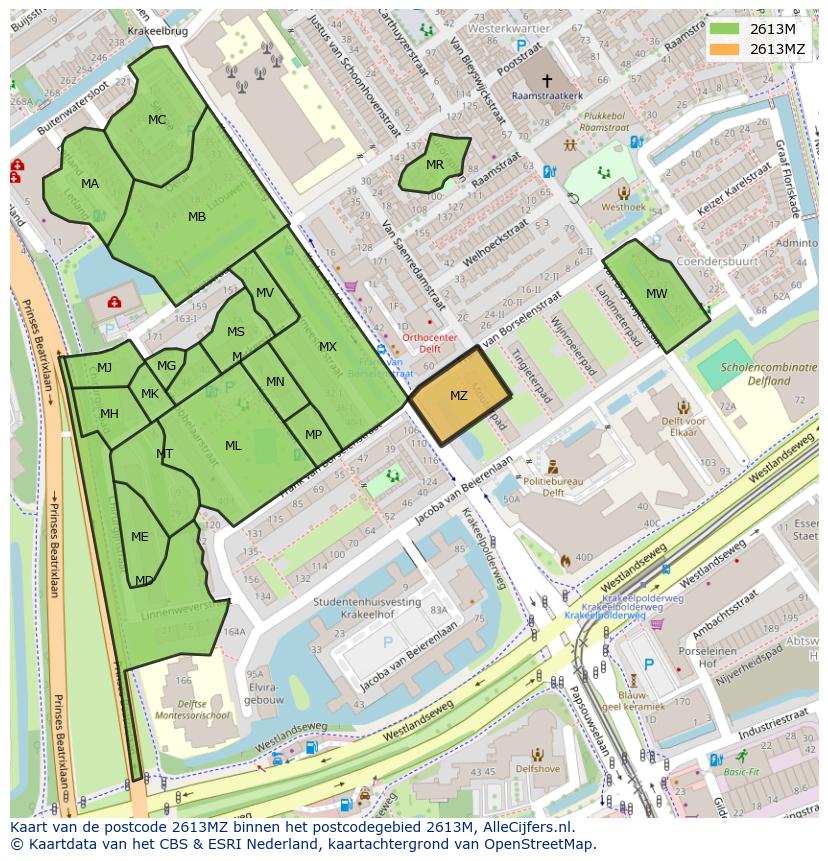 Afbeelding van het postcodegebied 2613 MZ op de kaart.