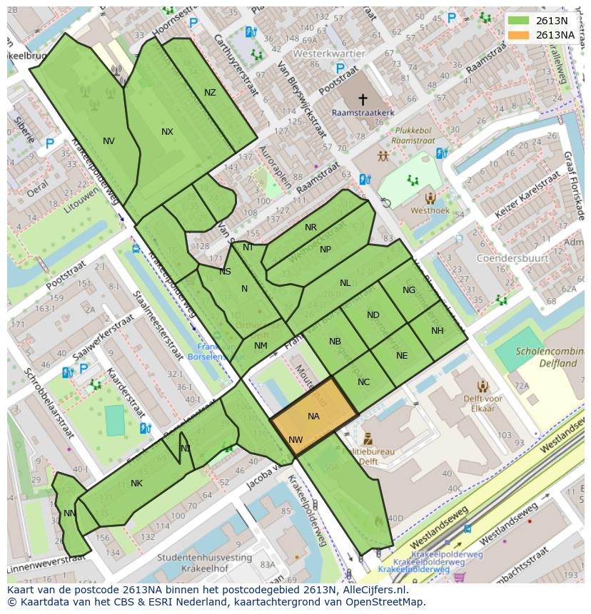 Afbeelding van het postcodegebied 2613 NA op de kaart.