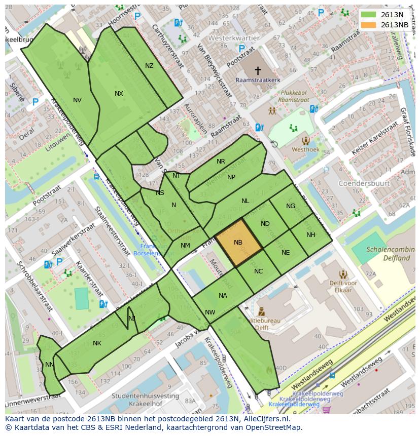 Afbeelding van het postcodegebied 2613 NB op de kaart.
