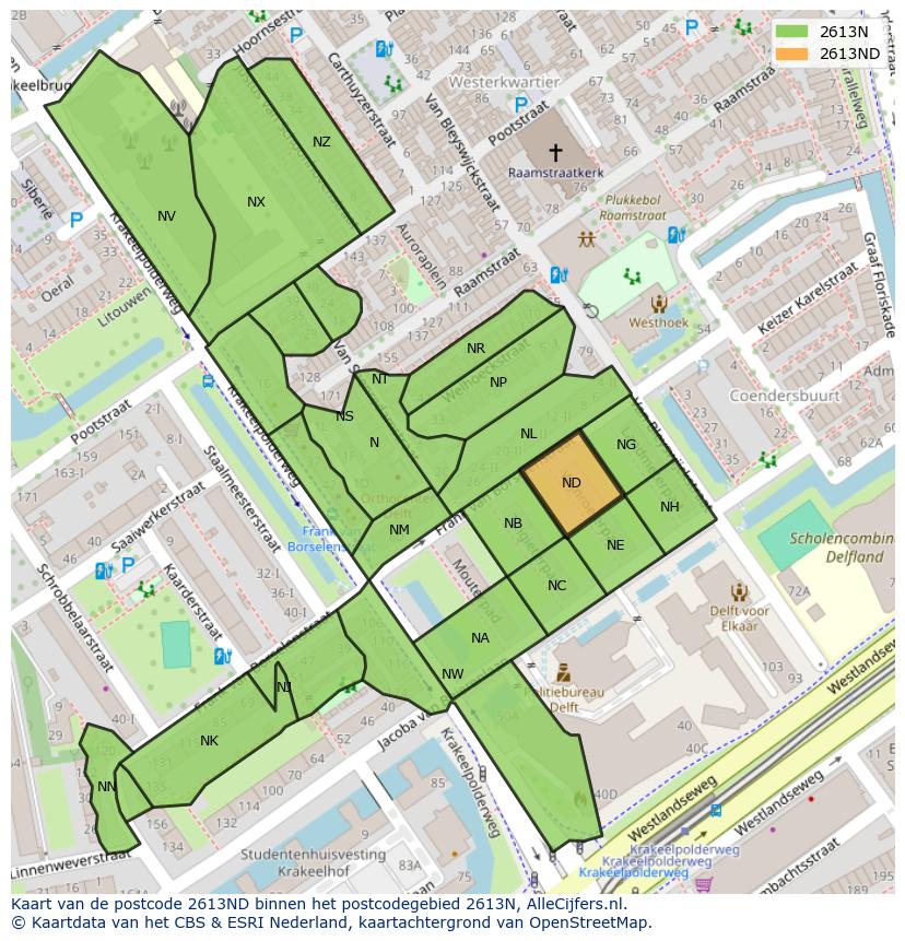 Afbeelding van het postcodegebied 2613 ND op de kaart.
