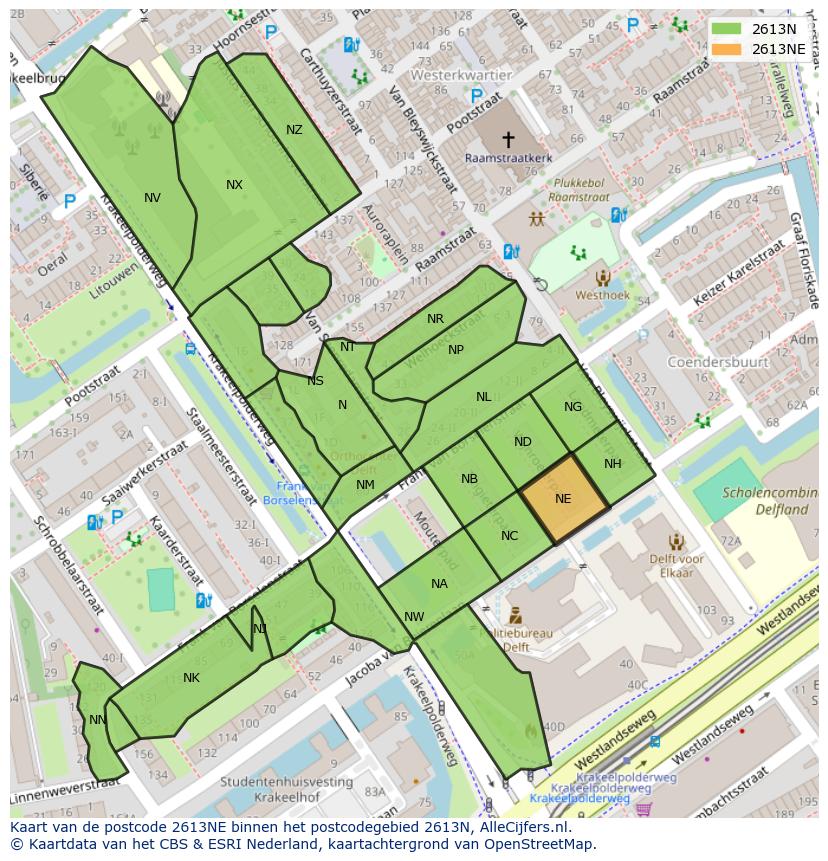 Afbeelding van het postcodegebied 2613 NE op de kaart.