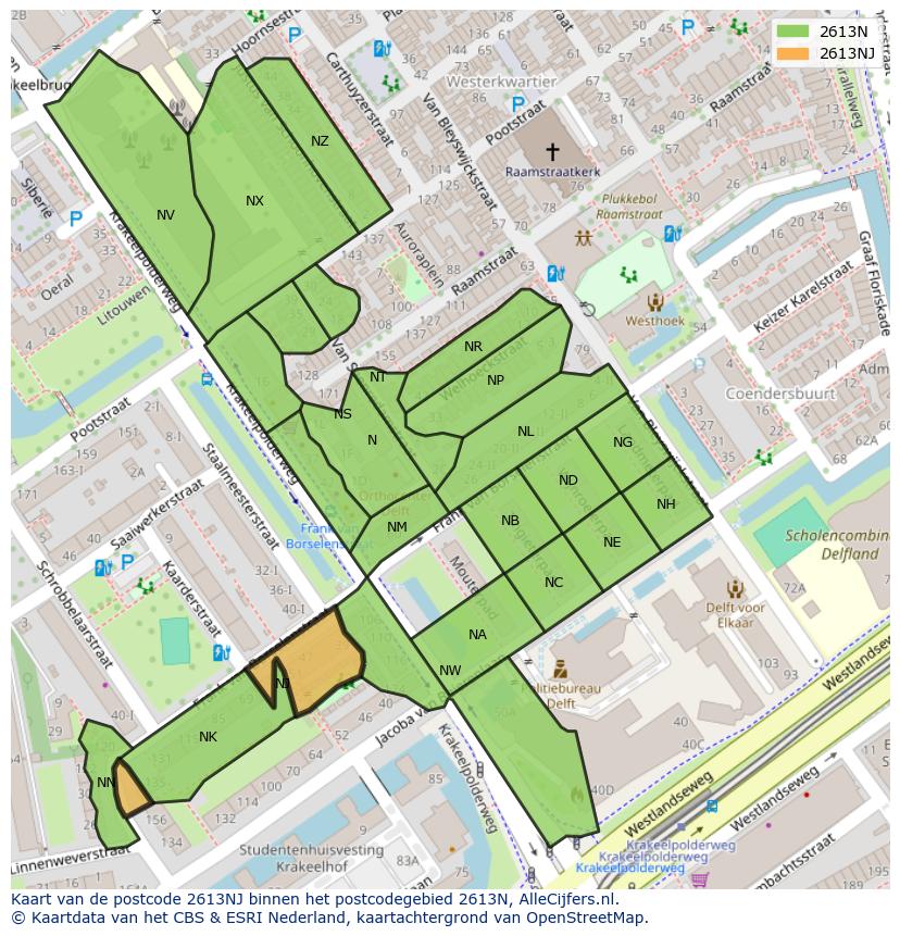 Afbeelding van het postcodegebied 2613 NJ op de kaart.