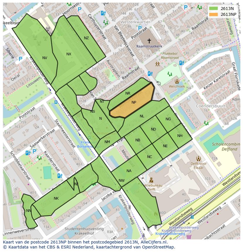 Afbeelding van het postcodegebied 2613 NP op de kaart.