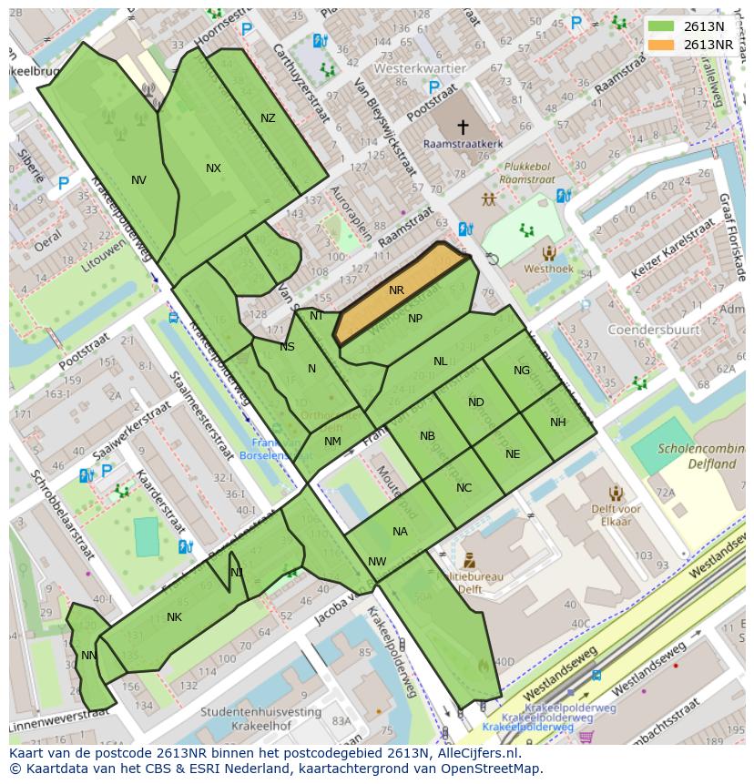 Afbeelding van het postcodegebied 2613 NR op de kaart.