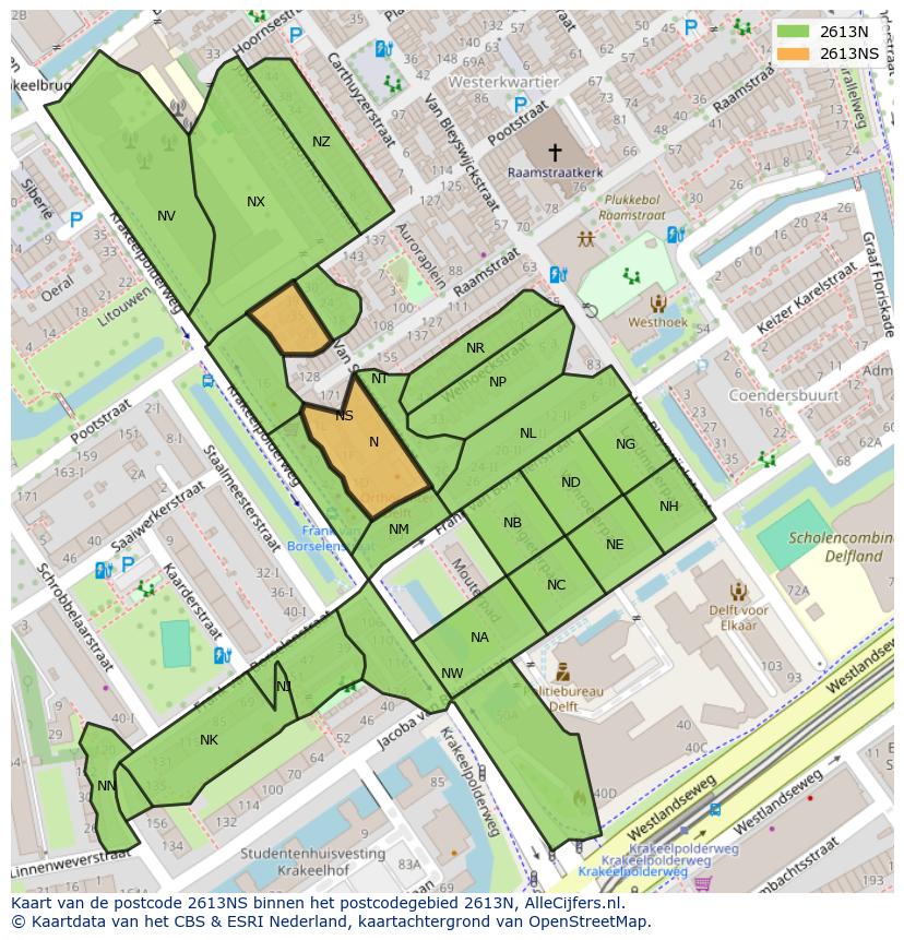 Afbeelding van het postcodegebied 2613 NS op de kaart.