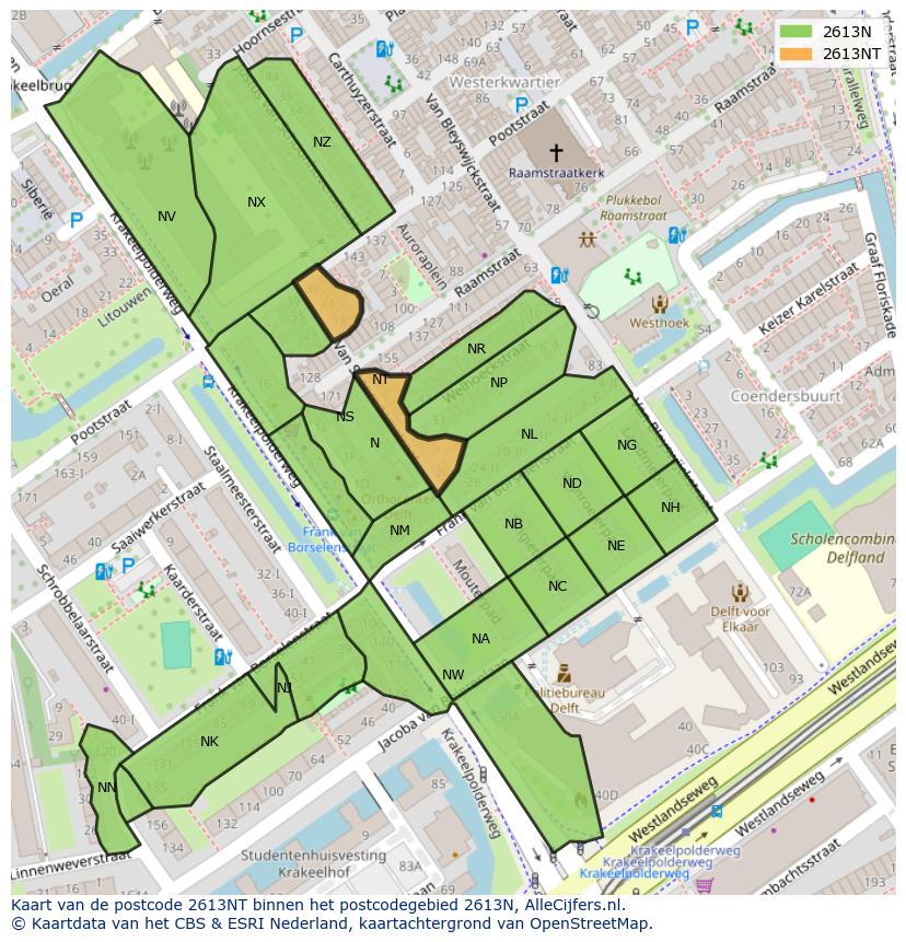 Afbeelding van het postcodegebied 2613 NT op de kaart.