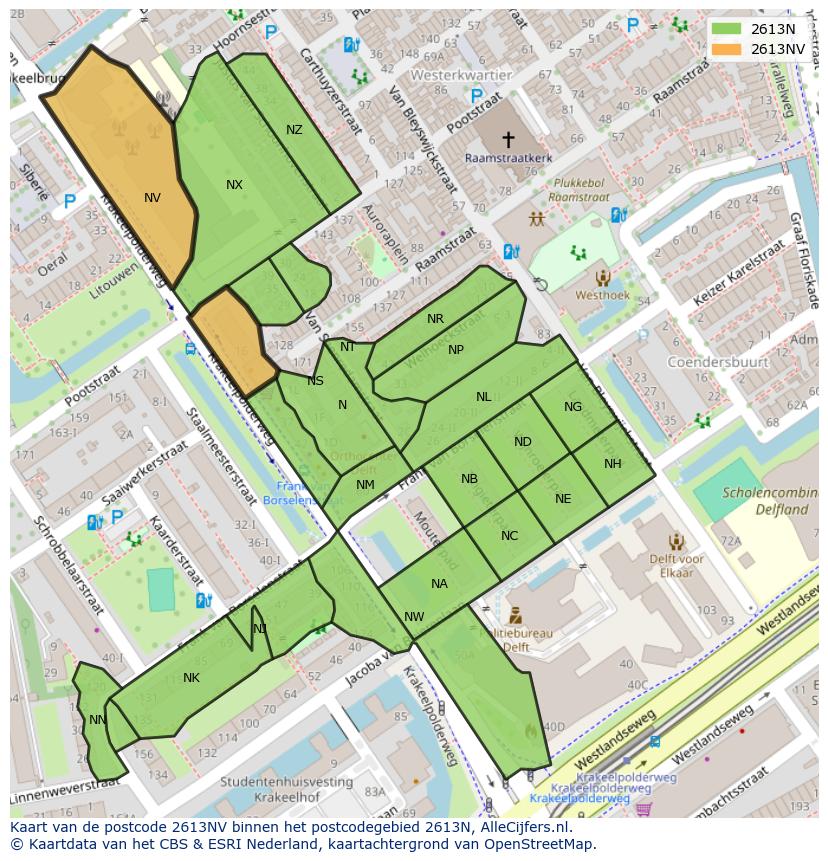 Afbeelding van het postcodegebied 2613 NV op de kaart.