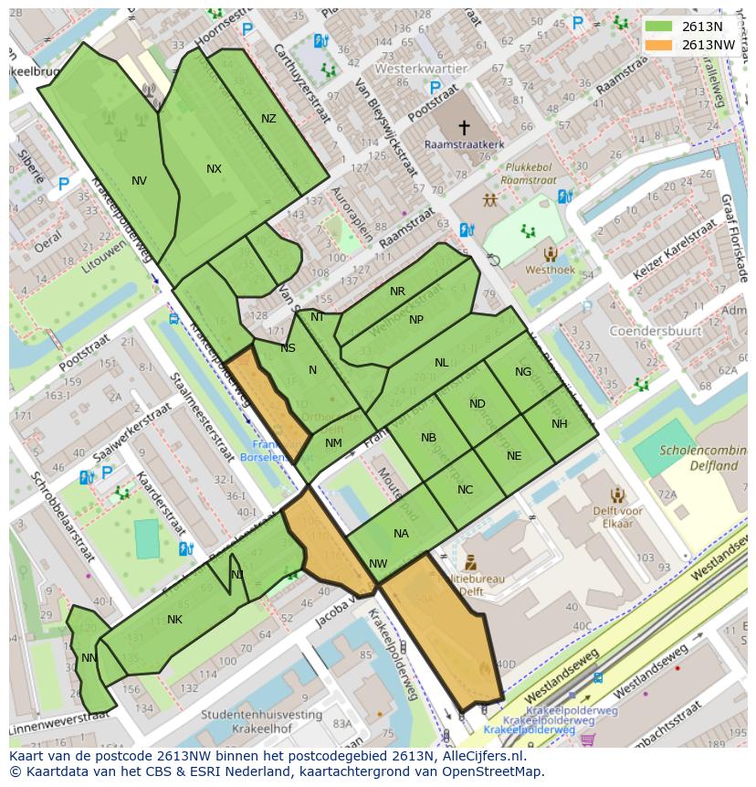 Afbeelding van het postcodegebied 2613 NW op de kaart.